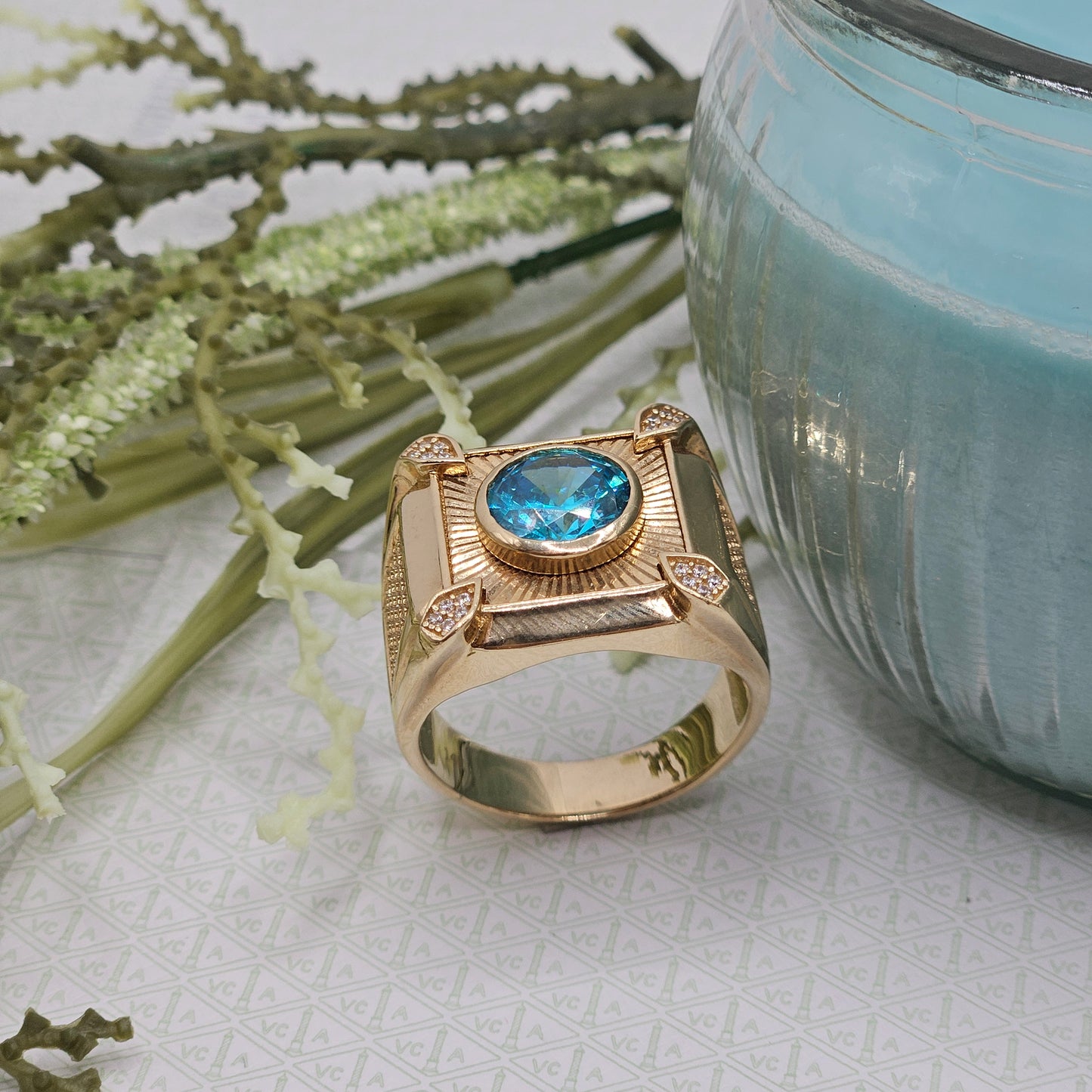 Square Cut and Blue Stone Ring